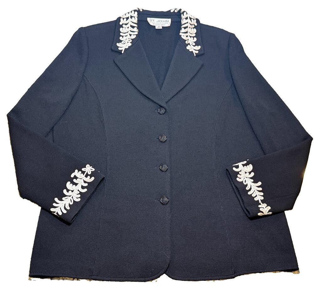 St John Black Santana Knit Evening Jacket Embroidered Collar and Cuffs Size 16